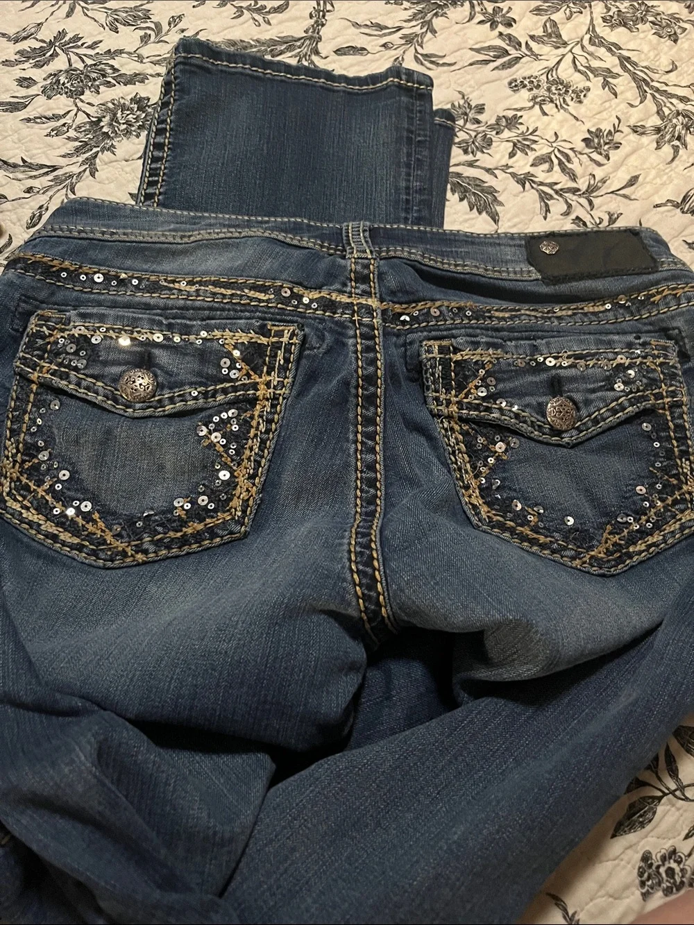 Silver Jeans Dark Blue Bootcut Jeans with Sequin Pocket Detail